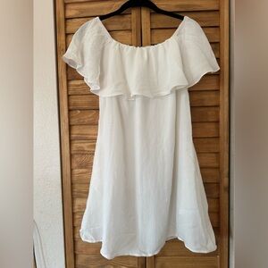 “White Off-Shoulder Ruffle Dress with Pockets – Boho Summer | Size 12”